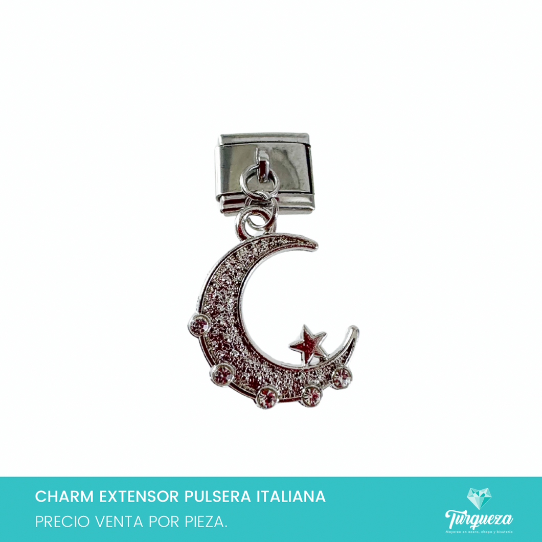 Dije Charm Luna Zirconias Colgante para Pulsera Tipo Italiana Plateado Acero Inoxidable