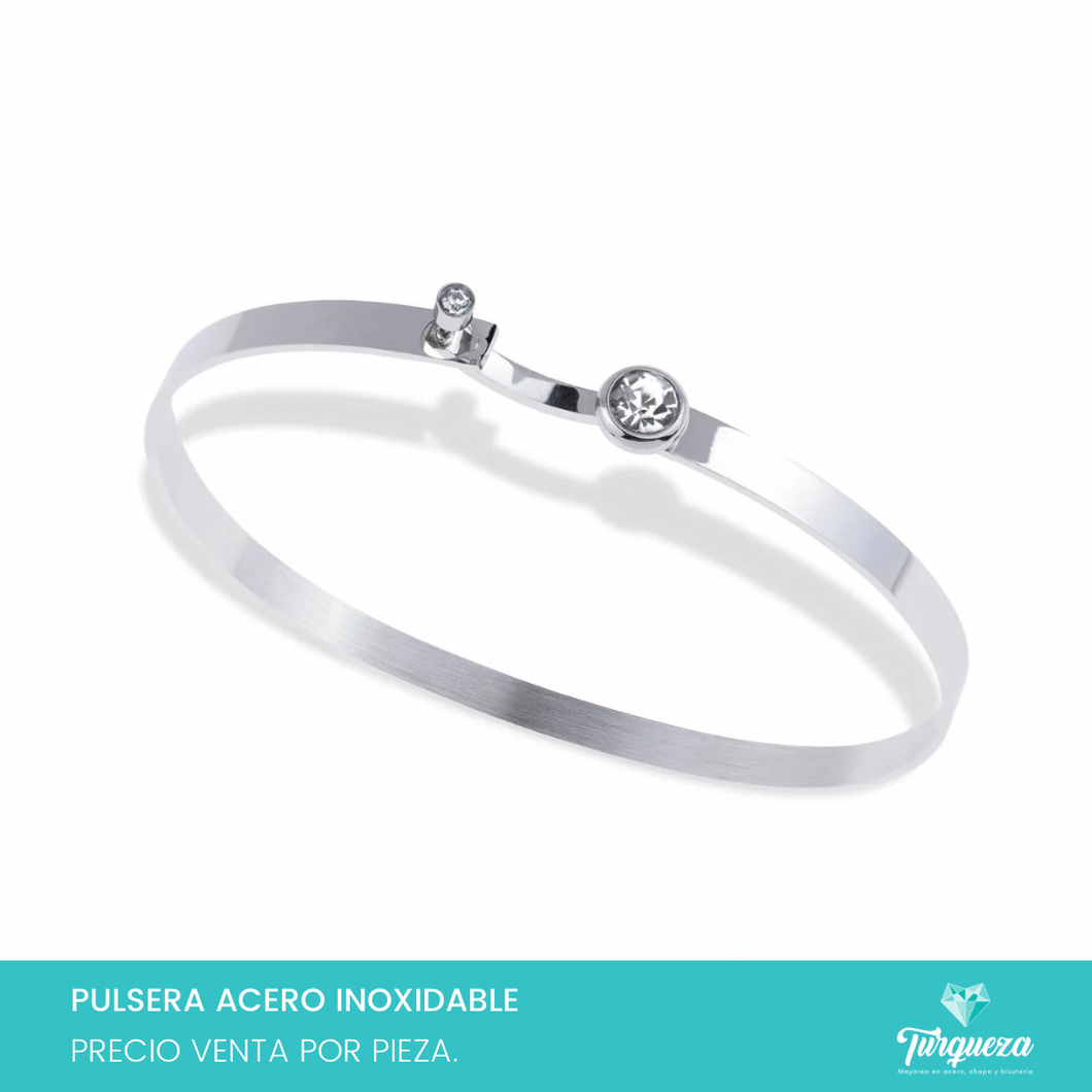 Pulsera Brazalete Zirconia Plateado Acero Inoxidable