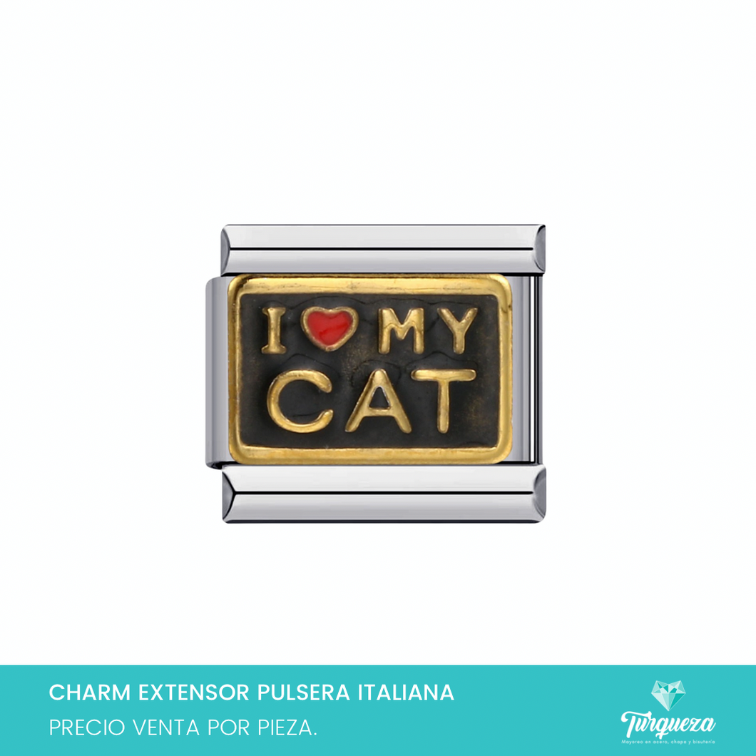 Dije Charm Love my Cat para Pulsera Tipo Italiana Plateado Acero Inoxidable