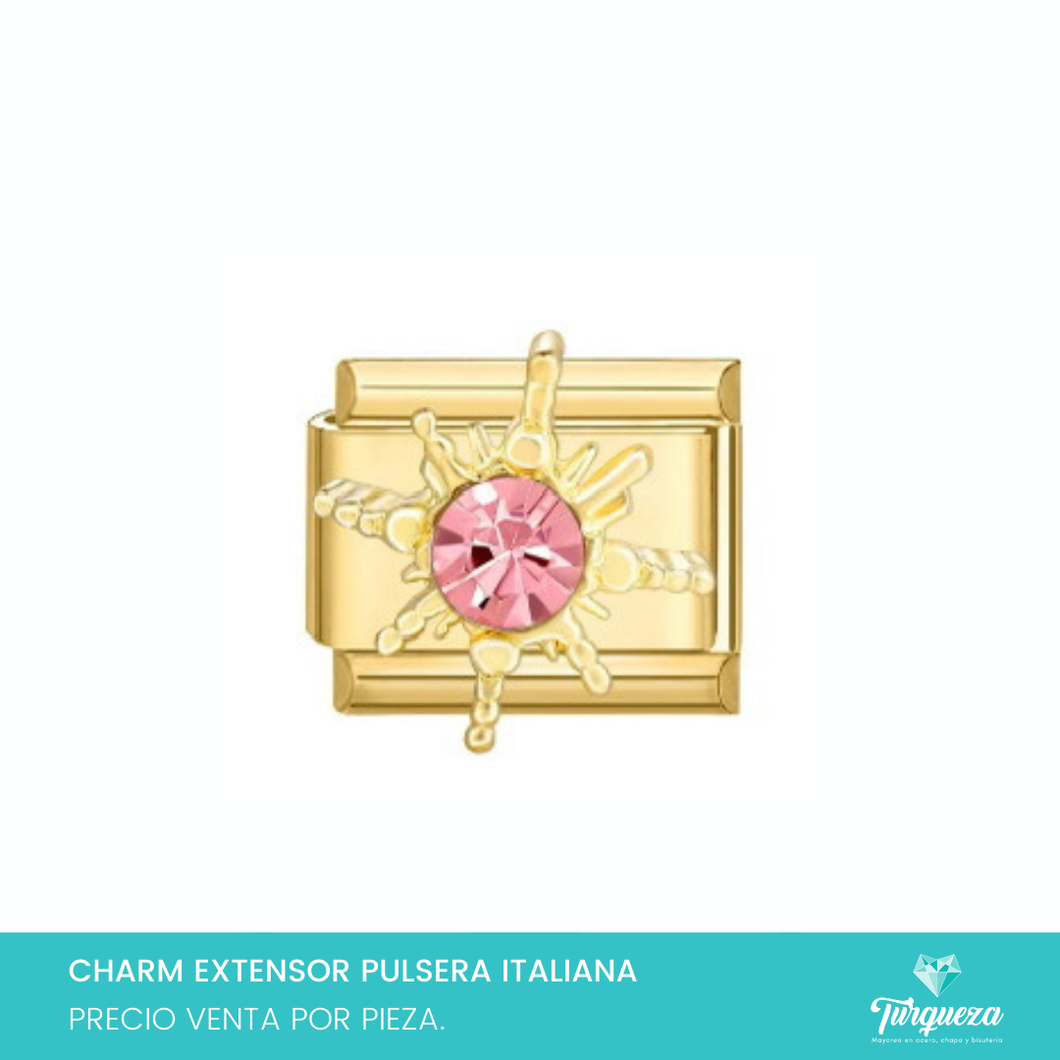 Dije Charm Estrella Zirconia Rosa para Pulsera Tipo Italiana Dorado Acero Inoxidable