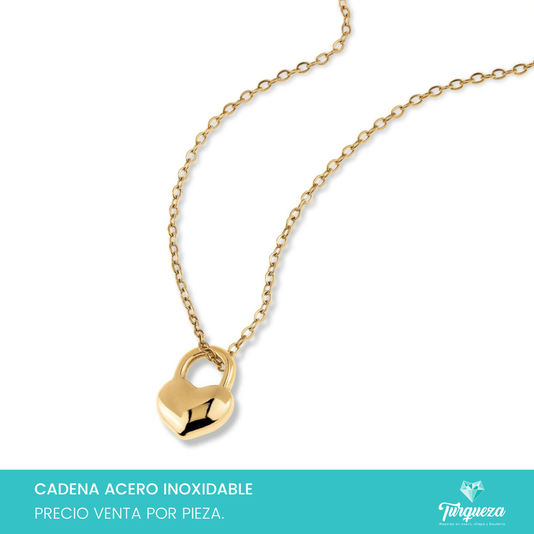 Collar Candado Corazon Dorado Acero Inoxidable