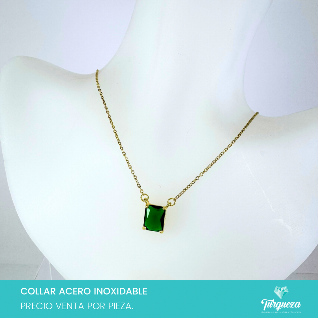 Collar Zirconia Verde Dorado Acero Inoxidable