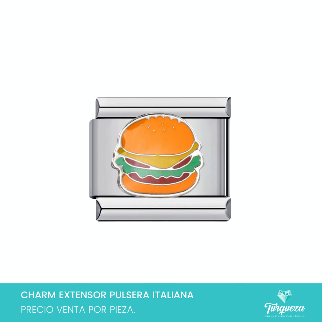 Dije Charm Hamburguesa para Pulsera Tipo Italiana Plateado Acero Inoxidable