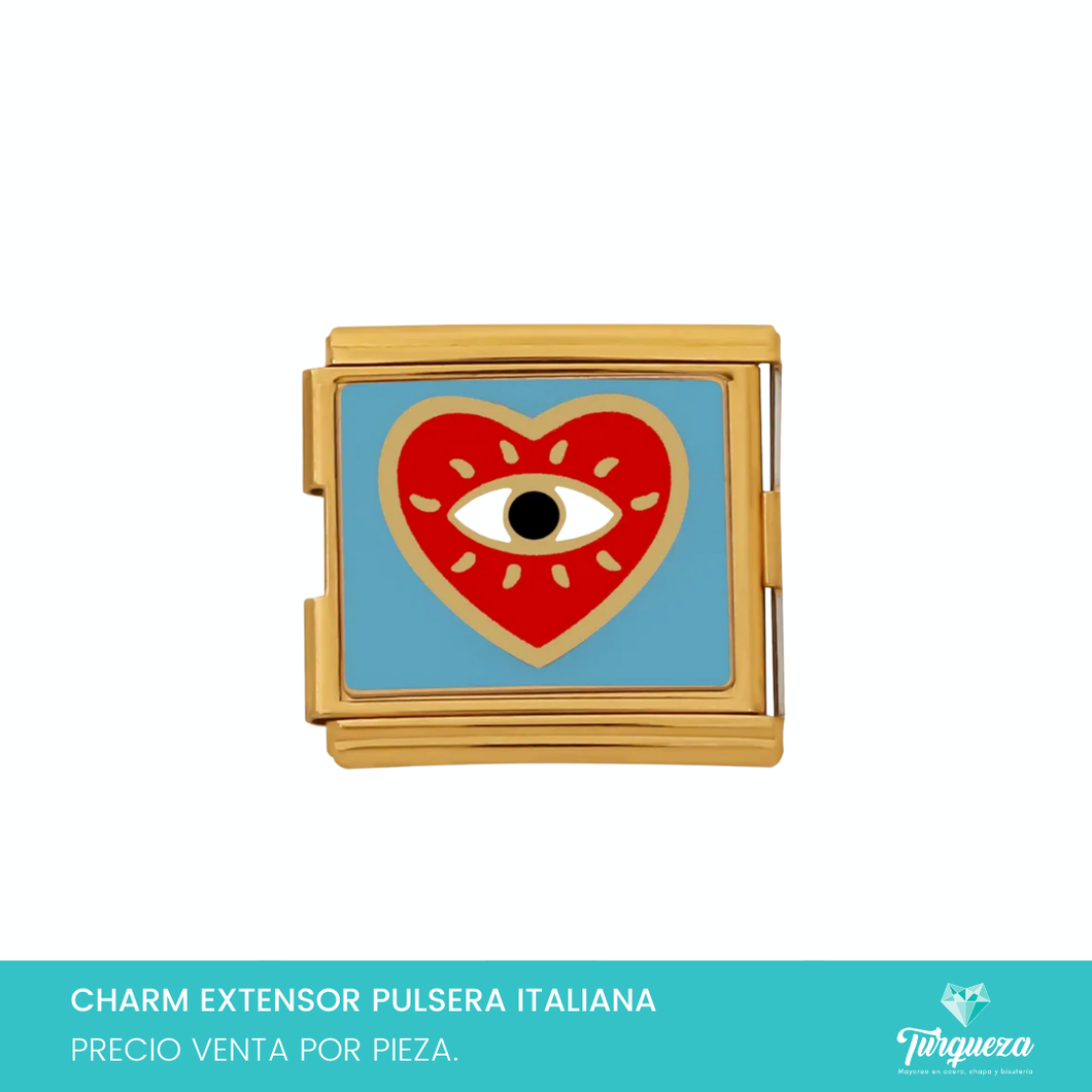 Dije Charm DOBLE Corazon Ojo para Pulsera Tipo Italiana Dorado Acero Inoxidable