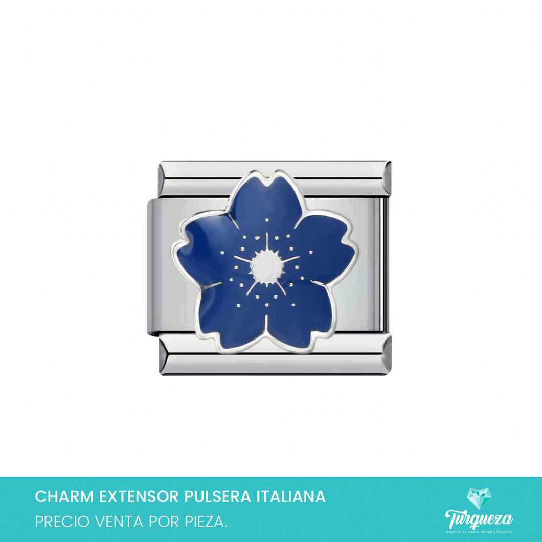 Dije Charm Flor Azul para Pulsera Tipo Italiana Plateado Acero Inoxidable