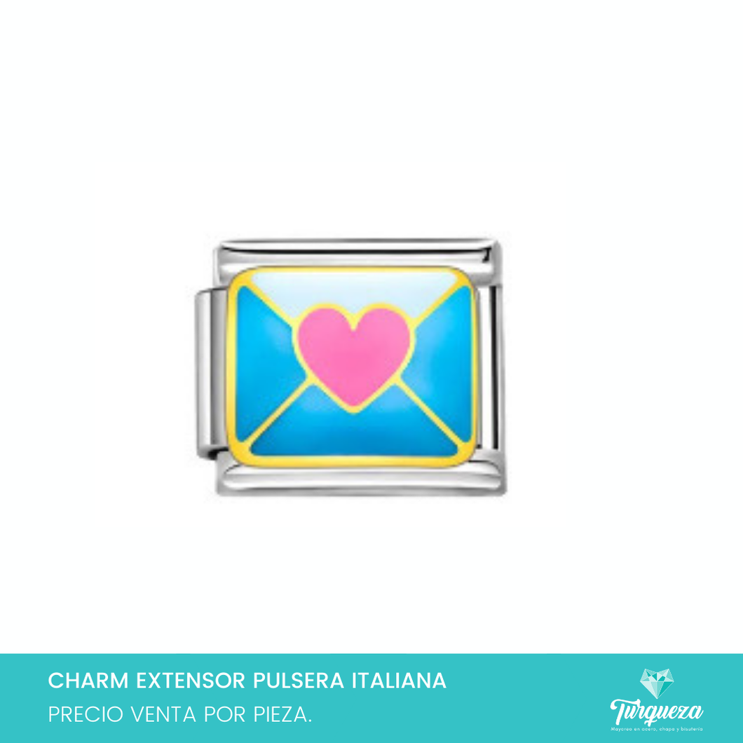 Dije Charm Corazon Carta para Pulsera Tipo Italiana Plateado Acero Inoxidable