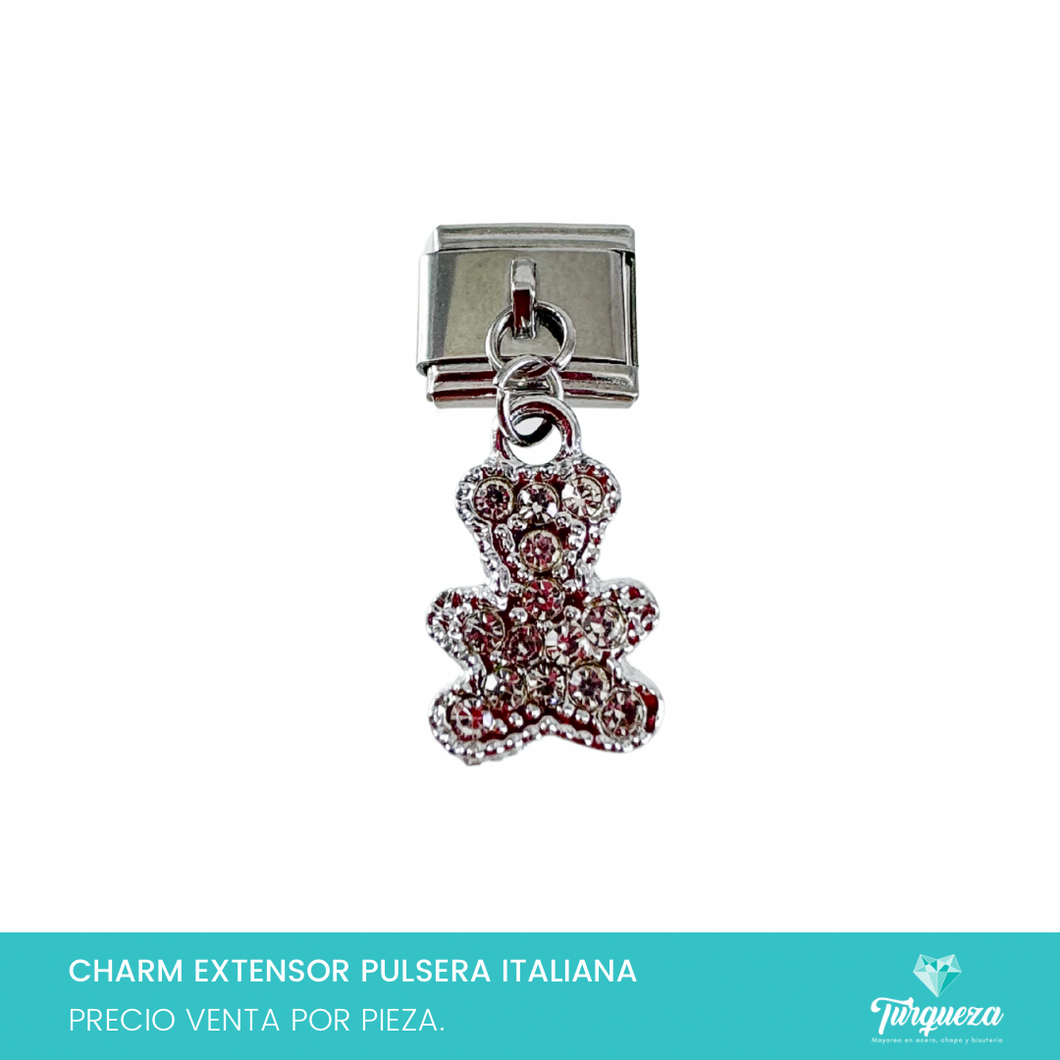 Dije Charm Oso Zirconias Colgante para Pulsera Tipo Italiana Plateado Acero Inoxidable