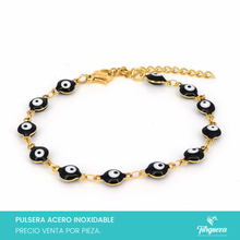 Load image into Gallery viewer, Pulsera Ojo Turco Negro Dorada (18cm-6mm) Acero Inoxidable

