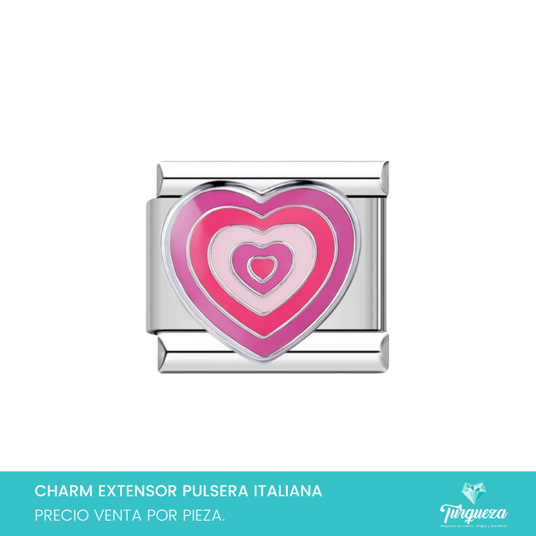 Dije Charm Corazon Rosa para Pulsera Tipo Italiana Plateado Acero Inoxidable