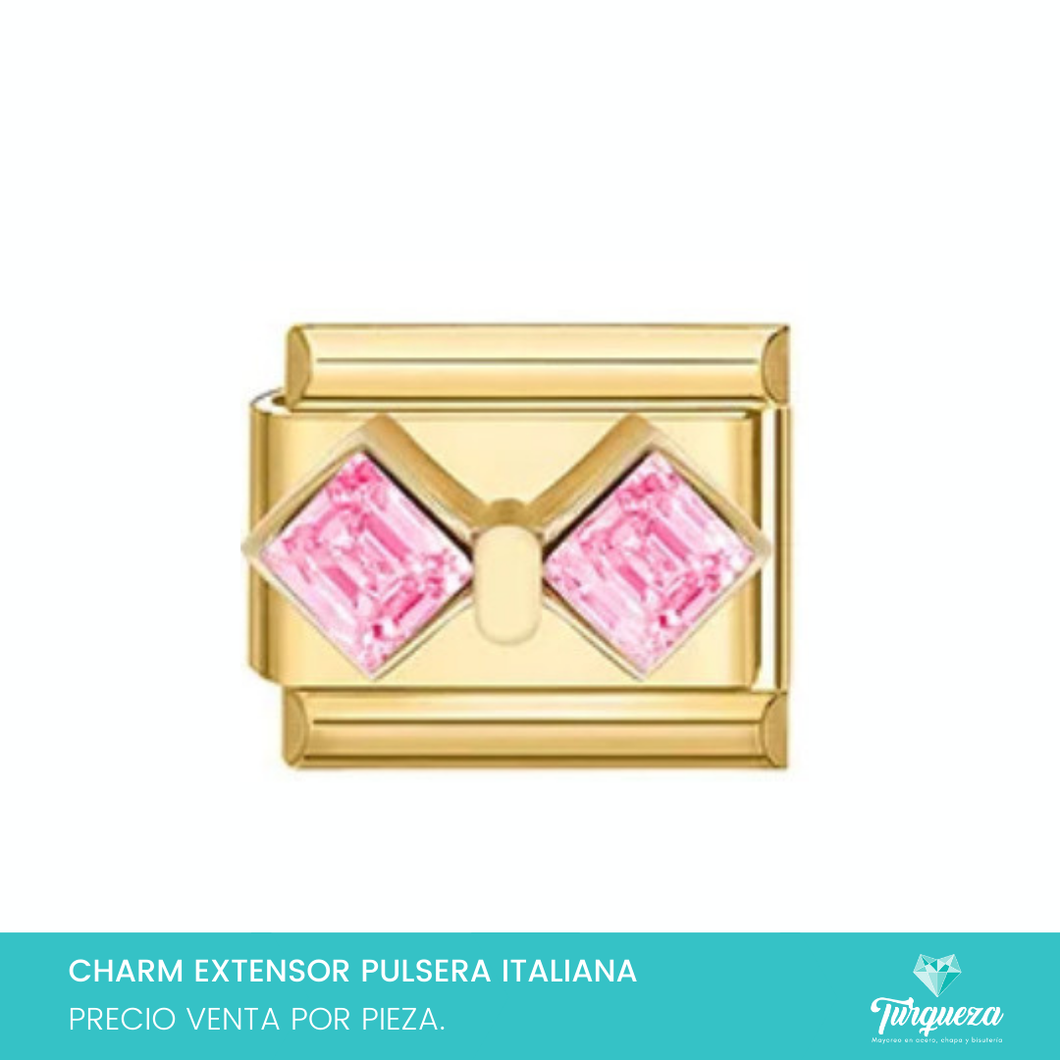 Dije Charm Moño Zirconias Rosas para Pulsera Tipo Italiana Dorado Acero Inoxidable