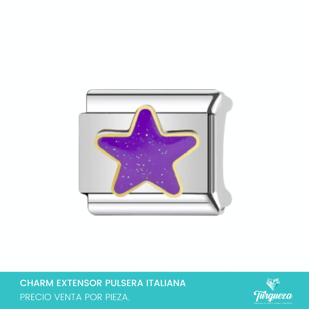 Dije Charm Estrella Morada para Pulsera Tipo Italiana Plateado Acero Inoxidable