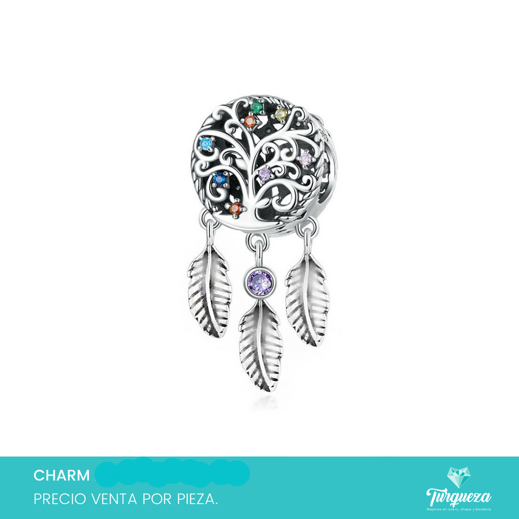 Dije Charm Atrapasueño Arbol de la Vida Zirconias Tipo Pand Plateado