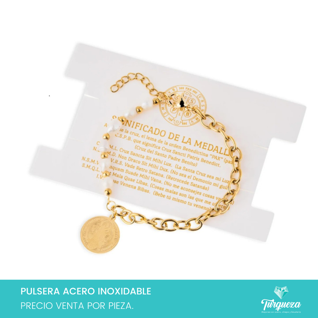 Pulsera Perlas San Benito Dorada Acero Inoxidable