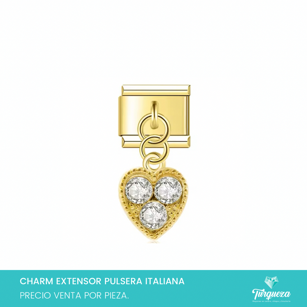 Dije Charm Corazon Zirconia Colgante para Pulsera Tipo Italiana Dorado Acero Inoxidable