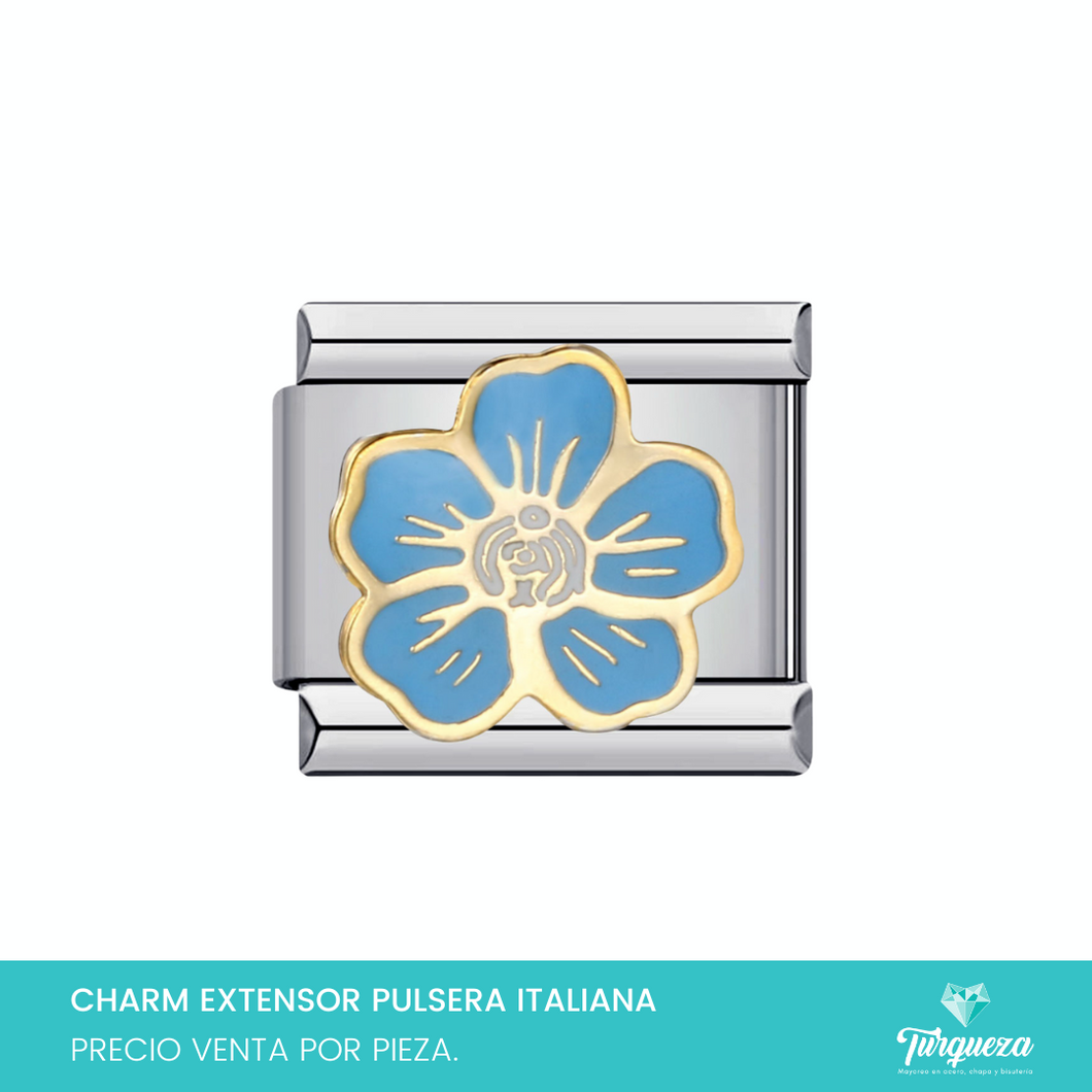 Dije Charm Flor Azul para Pulsera Tipo Italiana Plateado Acero Inoxidable