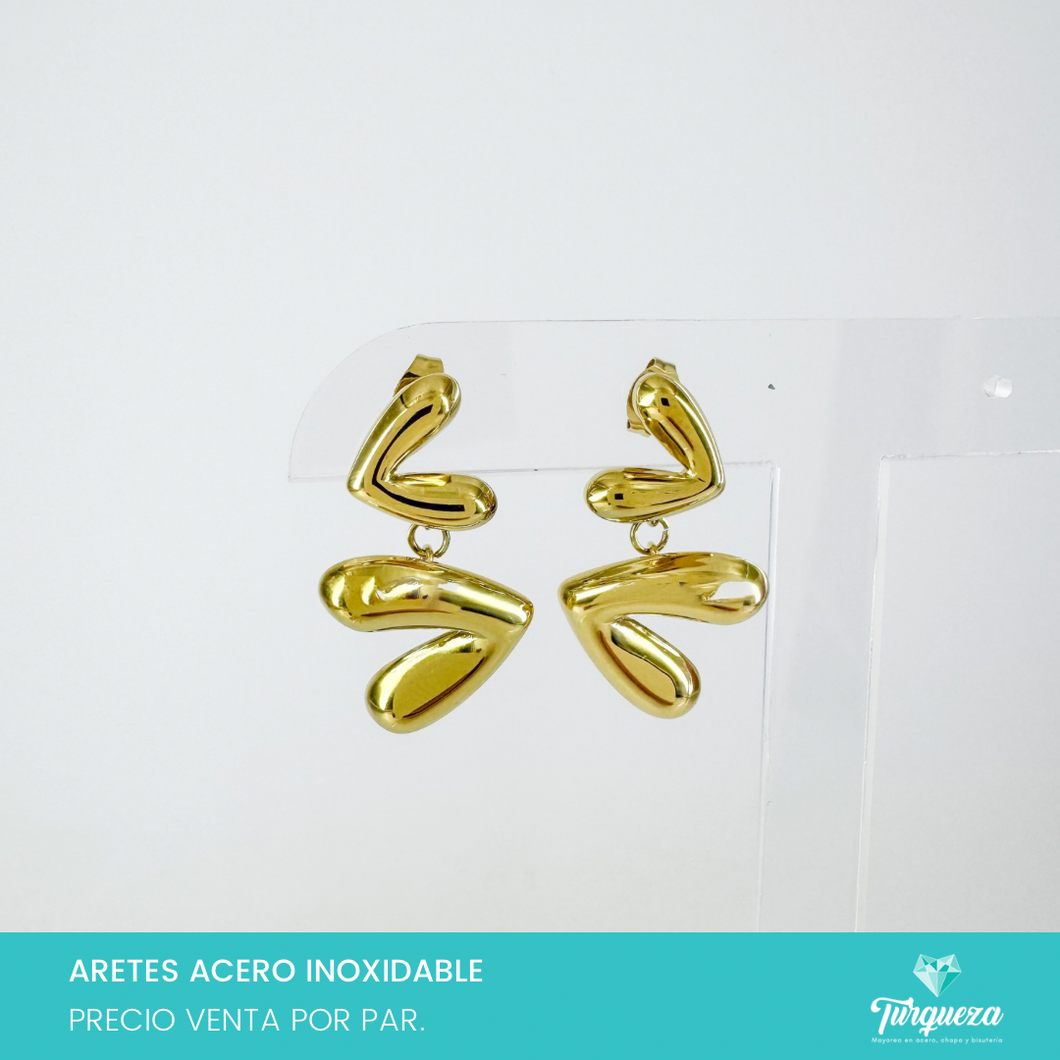 Arete Doble Corazon Dorado 3cm Acero Inoxidable