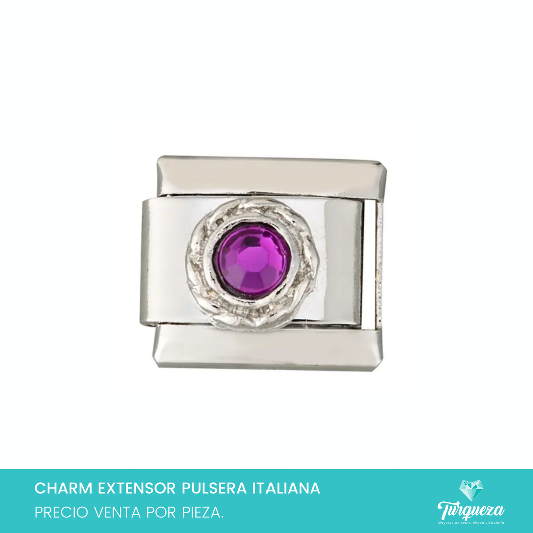Dije Charm Zirconia Morada para Pulsera Tipo Italiana Plateado Acero Inoxidable