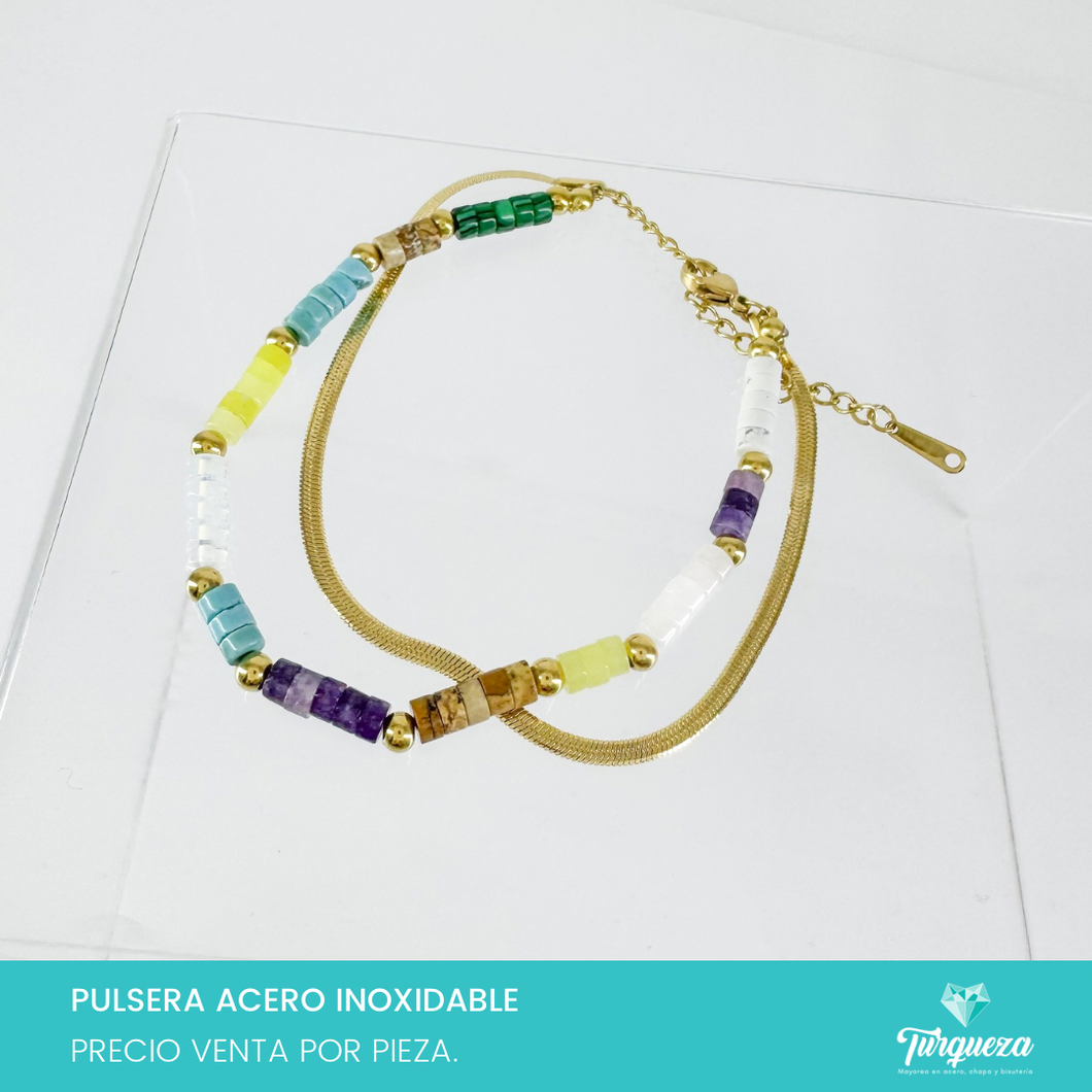 Pulsera Doble con Piedras Naturales Dorado Acero Inoxidable