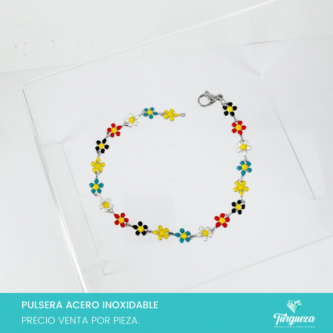 Pulsera Flores Colores Plateado Acero Inoxidable