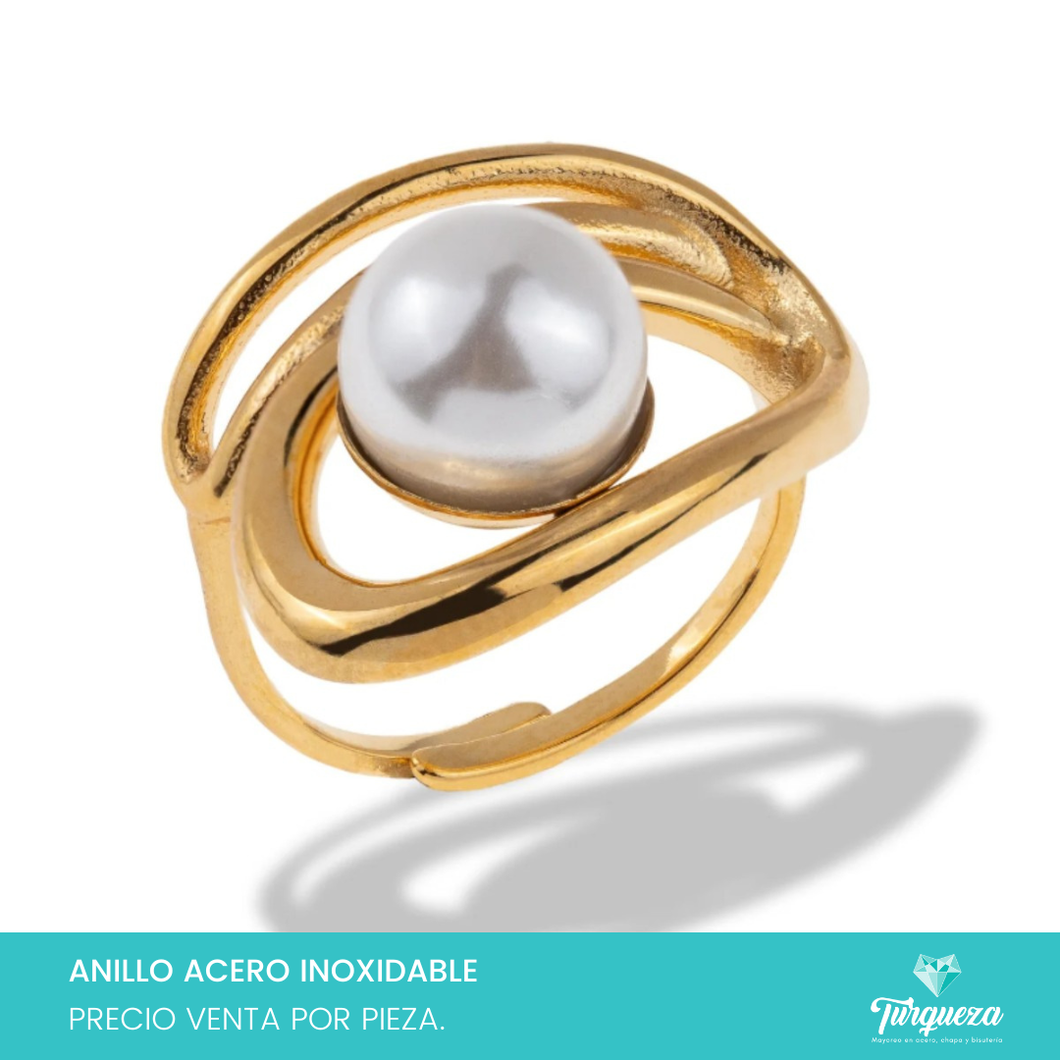 Anillo Chunky con Perla Dorado Acero Inoxidable