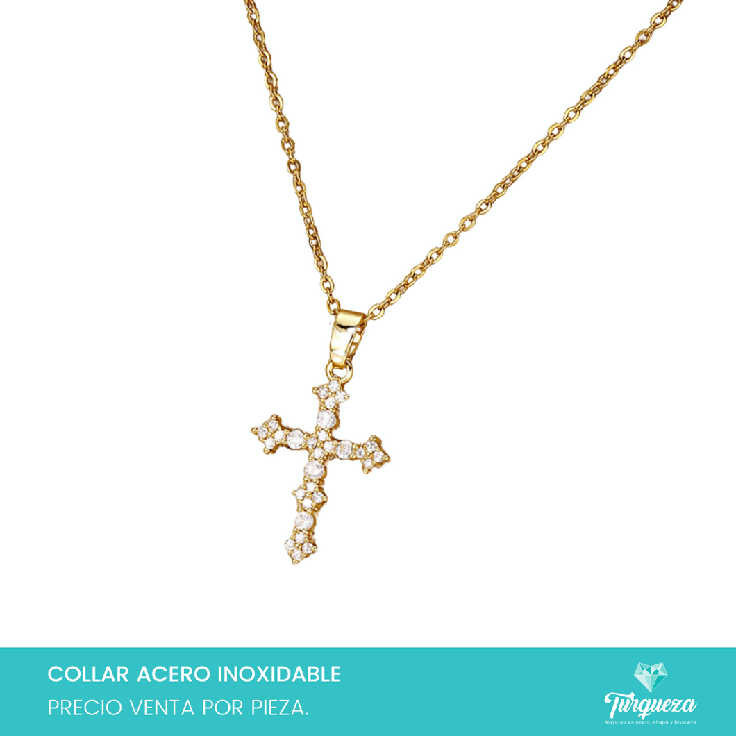Collar Cruz Zirconias Dorado Acero Inoxidable