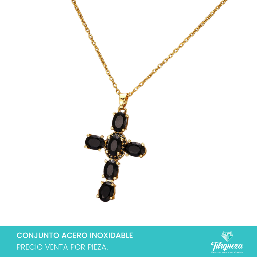 Collar Cruz Zirconias Negras Dorado Acero Inoxidable