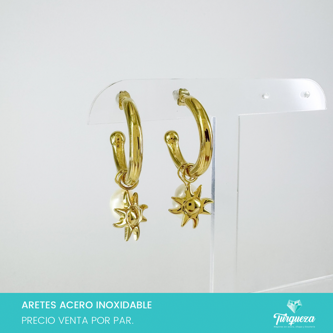 Arete Sol y Perla Dorado 4cm Acero Inoxidable