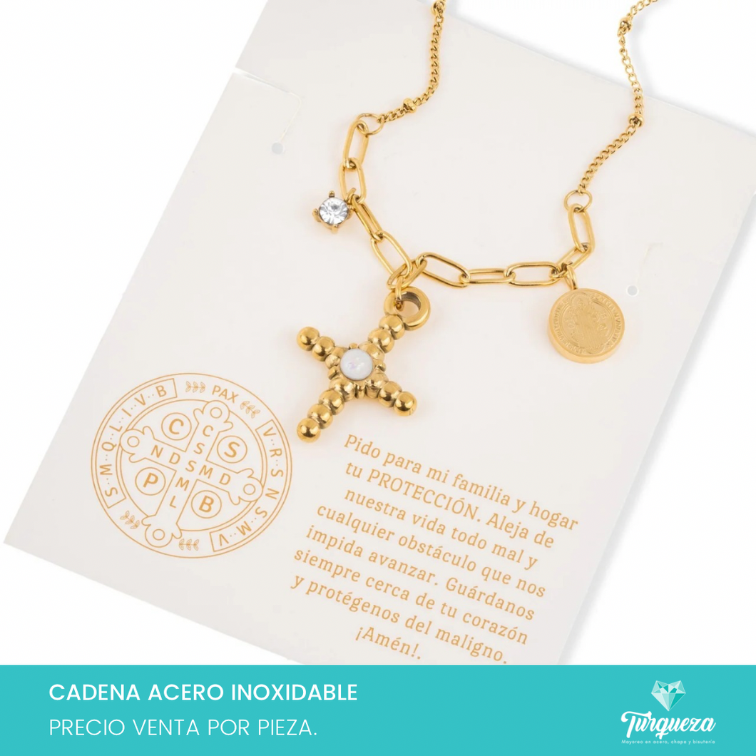 Collar Cruz Opalo Dorado Acero Inoxidable