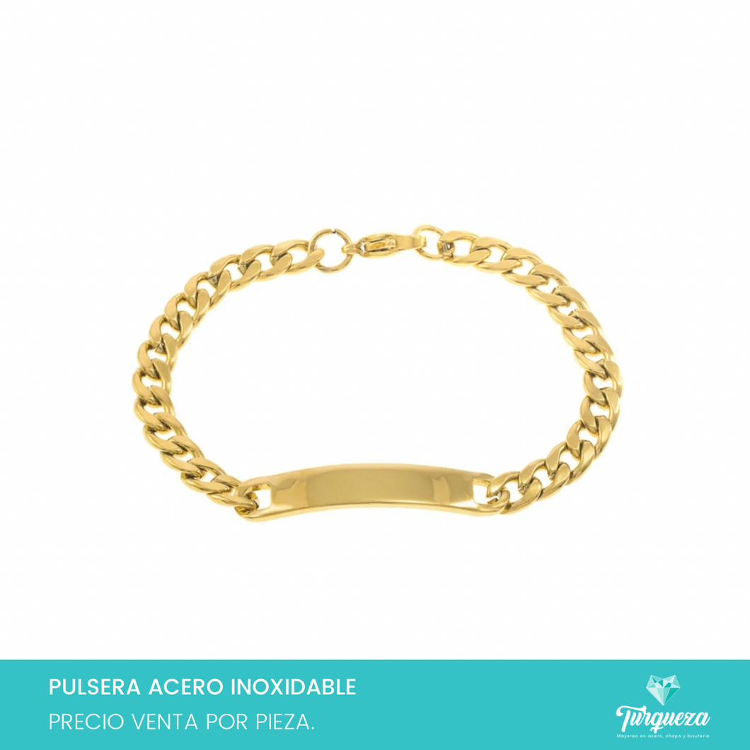 Pulsera Esclava Cubana con Placa Dorado (19cm-6mm) Acero Inoxidable