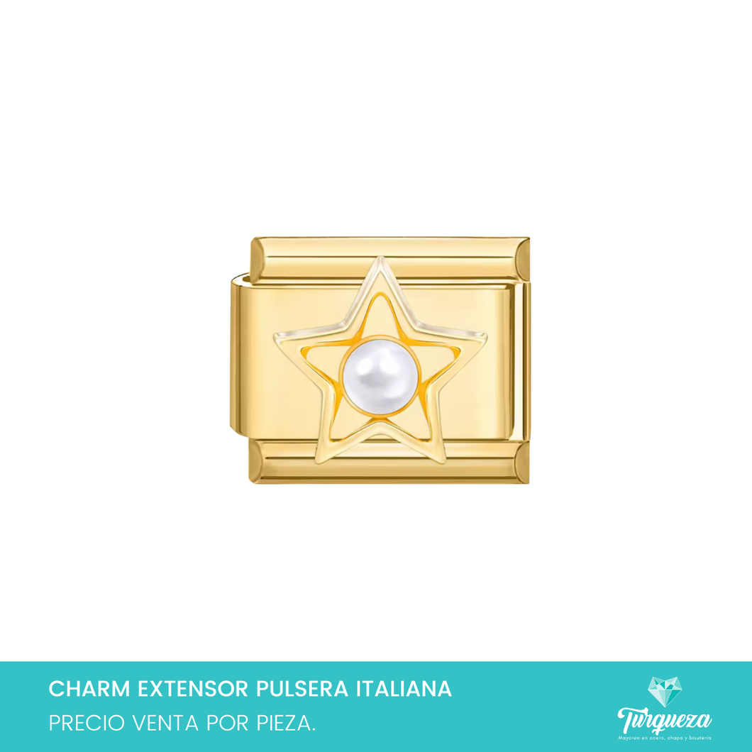 Dije Charm Estrella Perla para Pulsera Tipo Italiana Dorado Acero Inoxidable