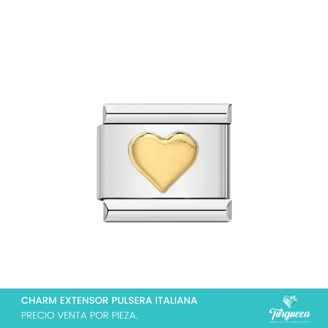 Dije Charm Corazon Dorado para Pulsera Tipo Italiana Plateado Acero Inoxidable