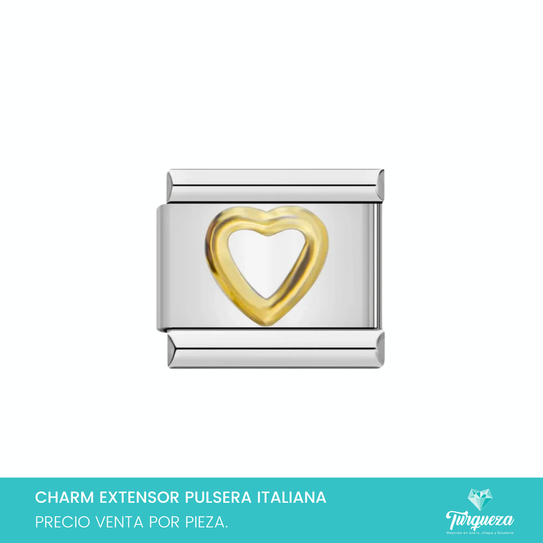 Dije Charm Corazon Contorno Dorado para Pulsera Tipo Italiana Plateado Acero Inoxidable