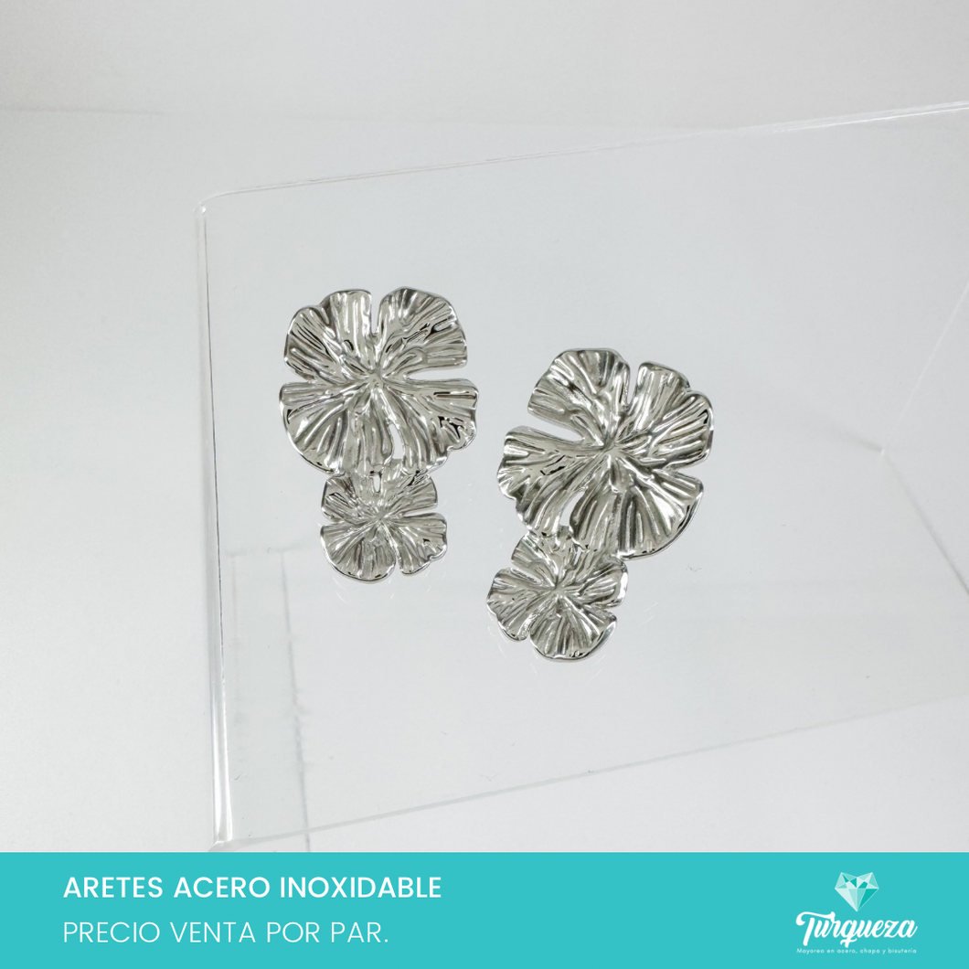 Arete Doble Flor Plateado 3cm Acero Inoxidable