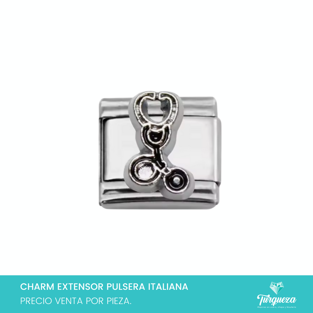 Dije Charm Estetoscopio para Pulsera Tipo Italiana Plateado Acero Inoxidable