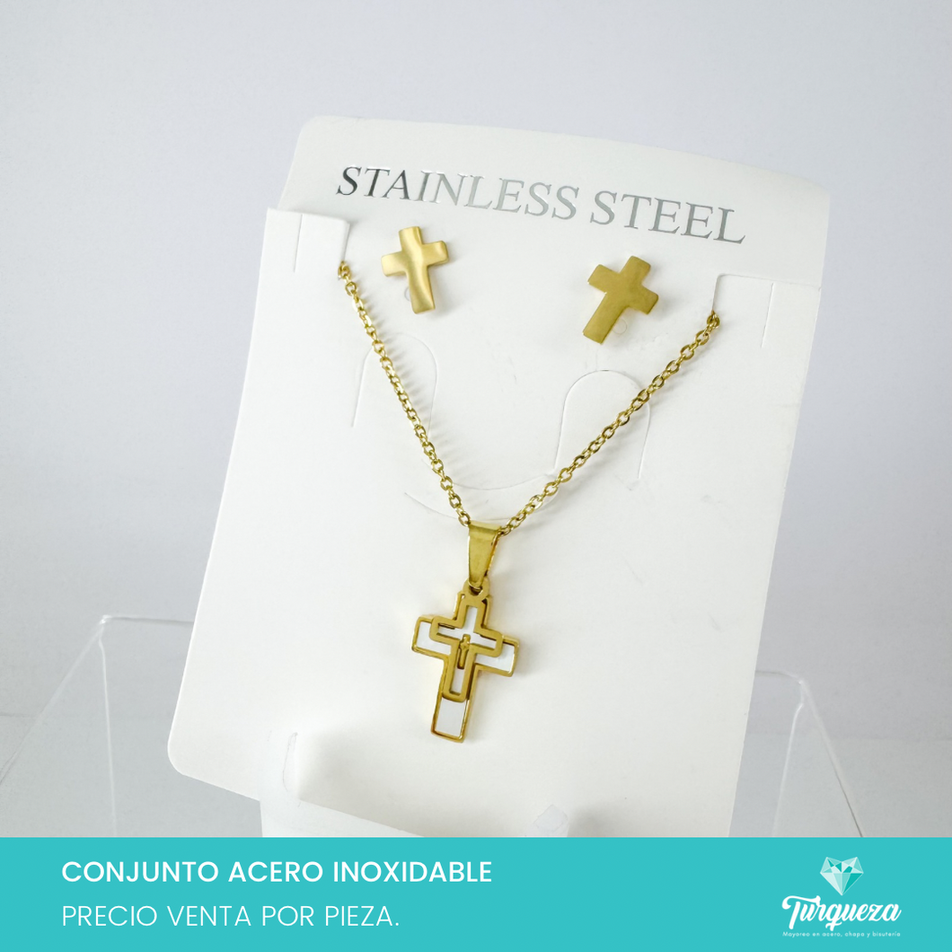 Conjunto Cruz Perla Acero Inoxidable