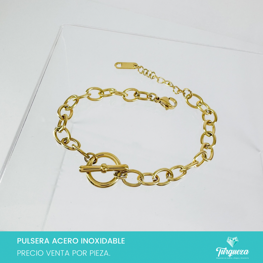 Pulsera Argollas Broche T Fijo Dorado Acero Inoxidable