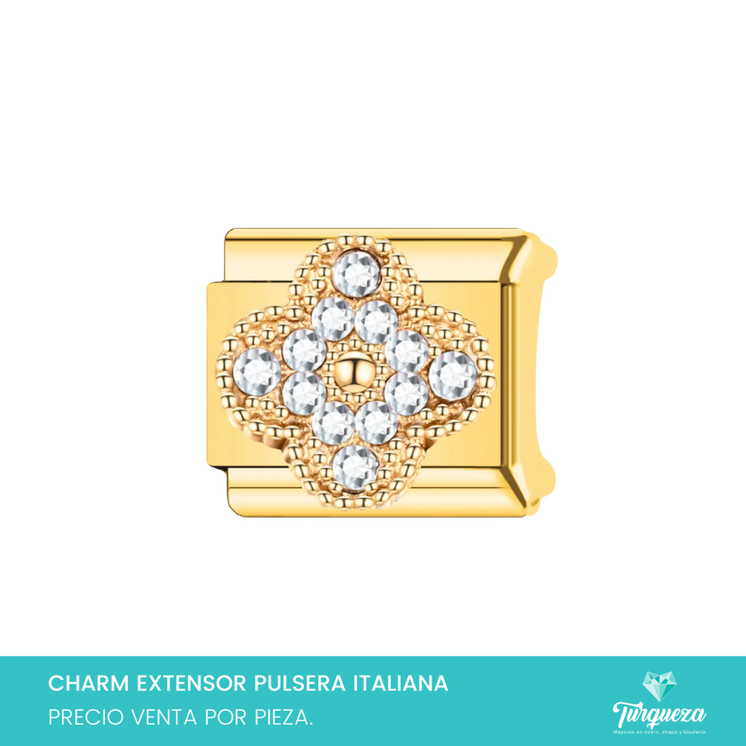 Dije Charm Trebol Zirconias para Pulsera Tipo Italiana Plateado Acero Inoxidable
