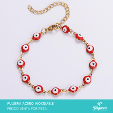 Load image into Gallery viewer, Pulsera Ojo Turco Rojo Dorada (18cm-6mm) Acero Inoxidable
