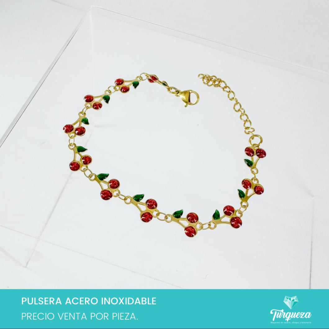 Pulsera Cerezas Rojas Dorado Acero Inoxidable