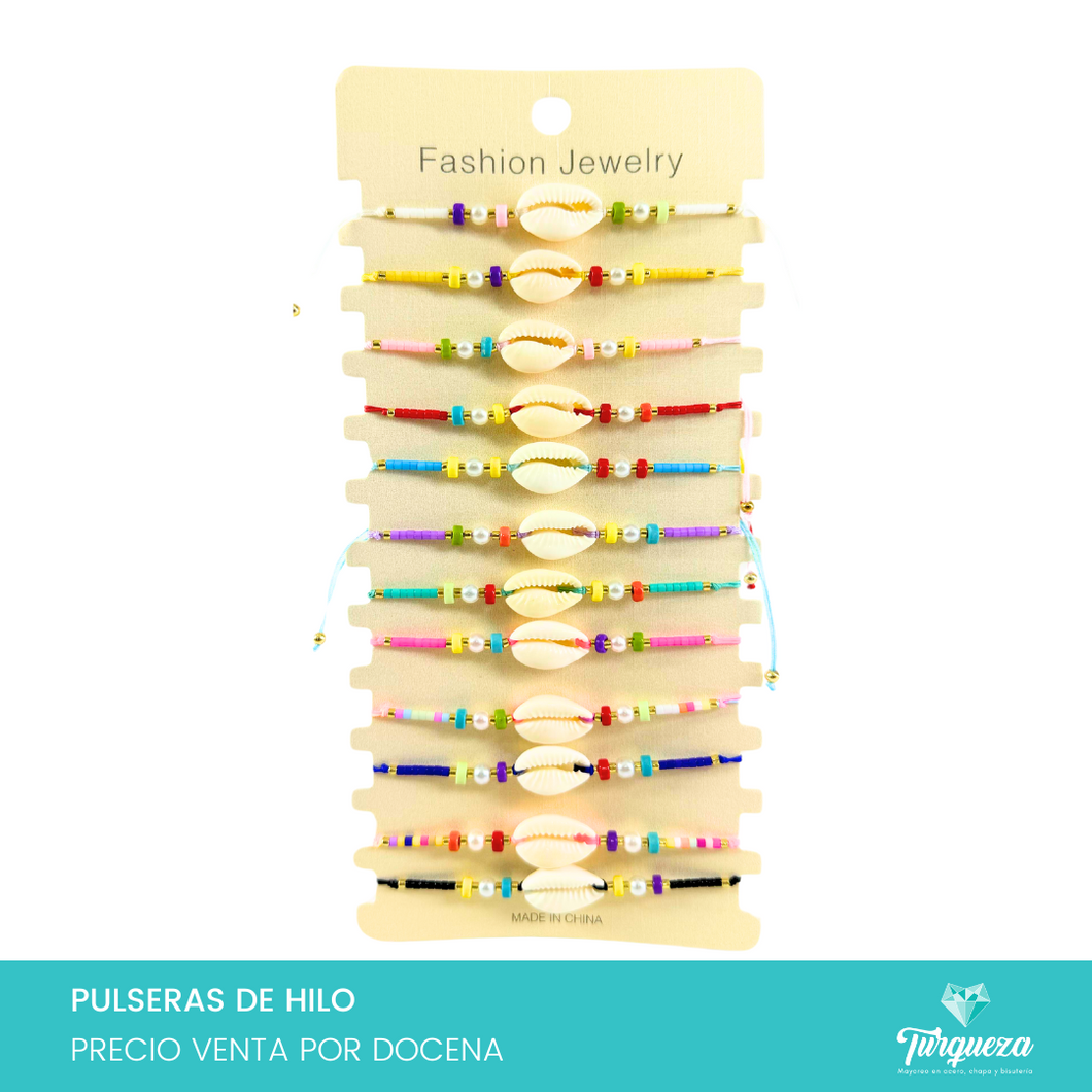 Pulsera Tejida Conchita y Cuentas Hilo B (12 pzas)