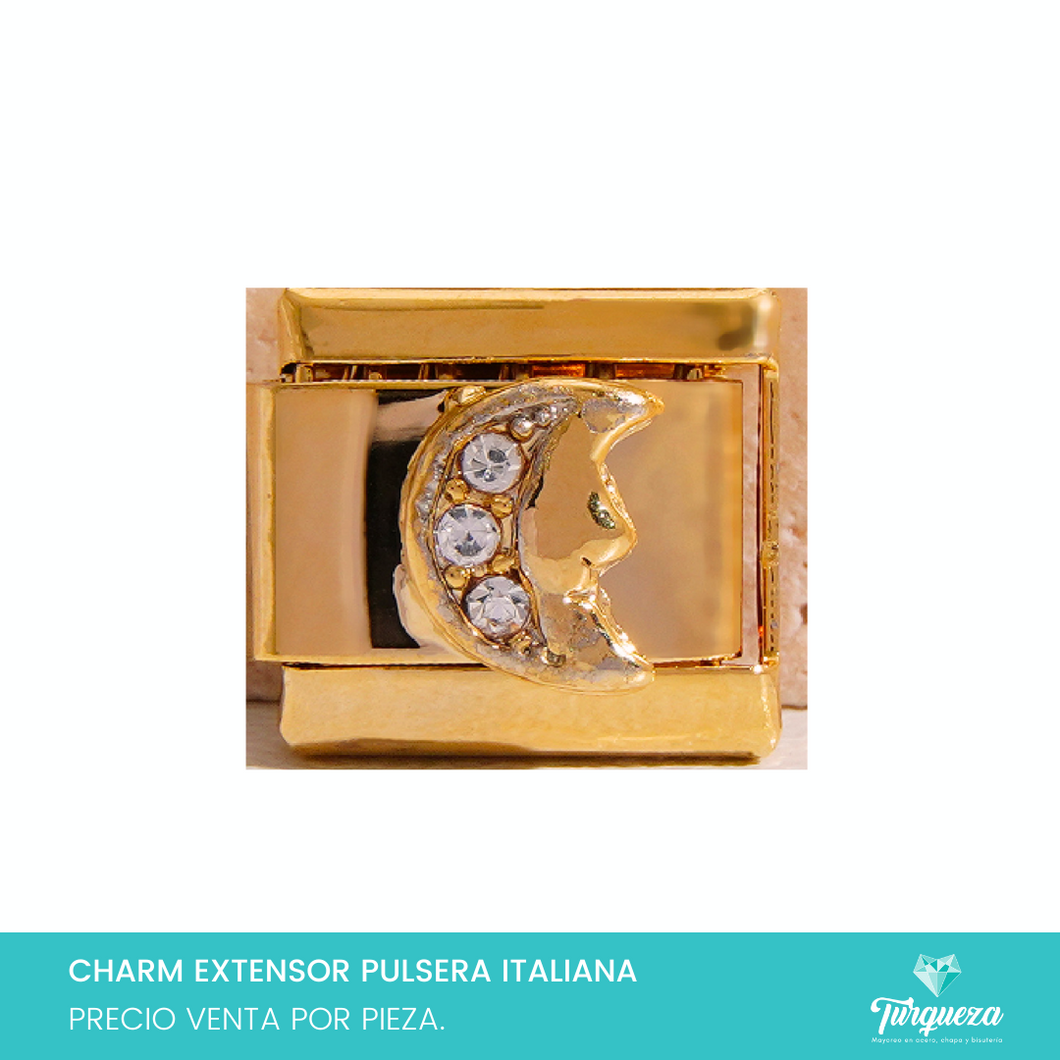 Dije Charm Luna Zirconias Dorado para Pulsera Tipo Italiana Acero Inoxidable