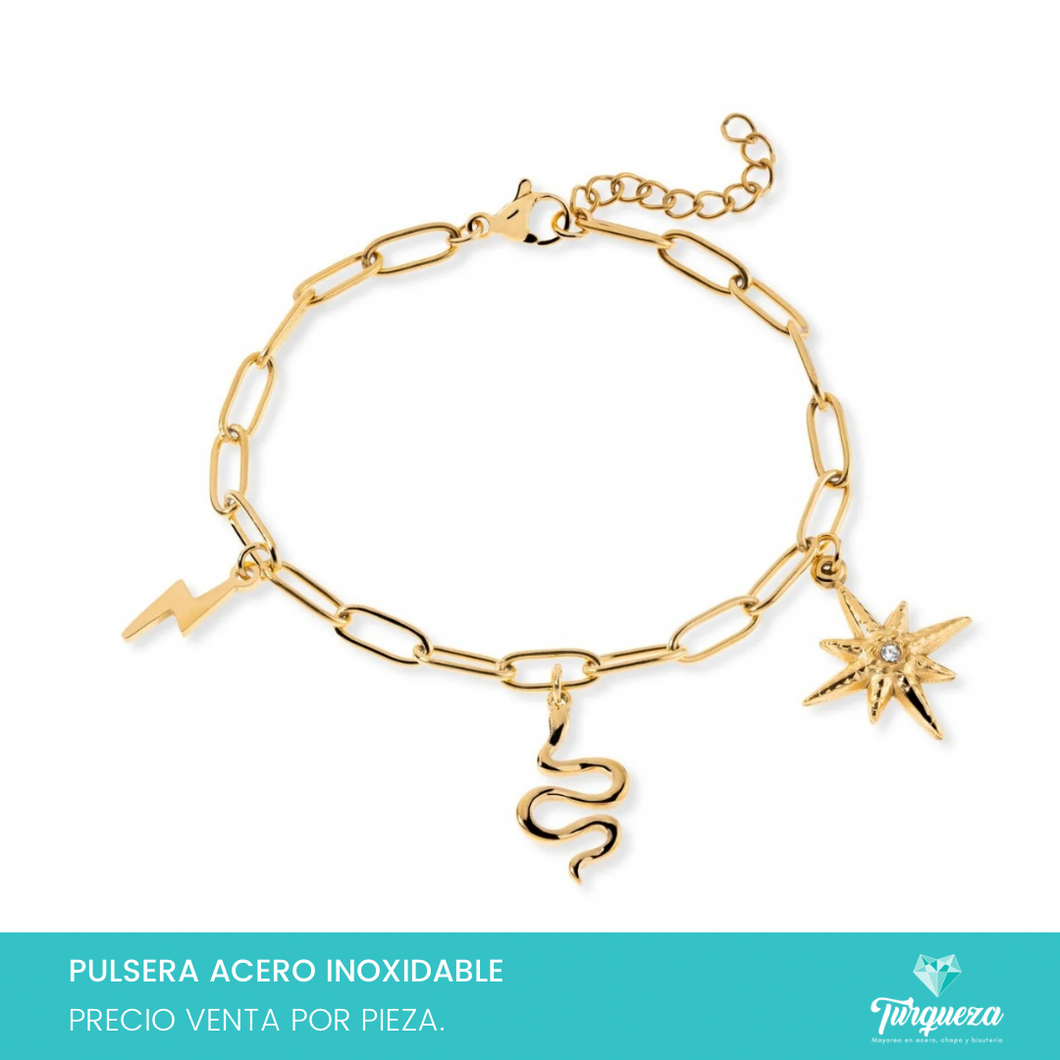 Pulsera Dijes Vibora y Estrella Dorado Acero Inoxidable