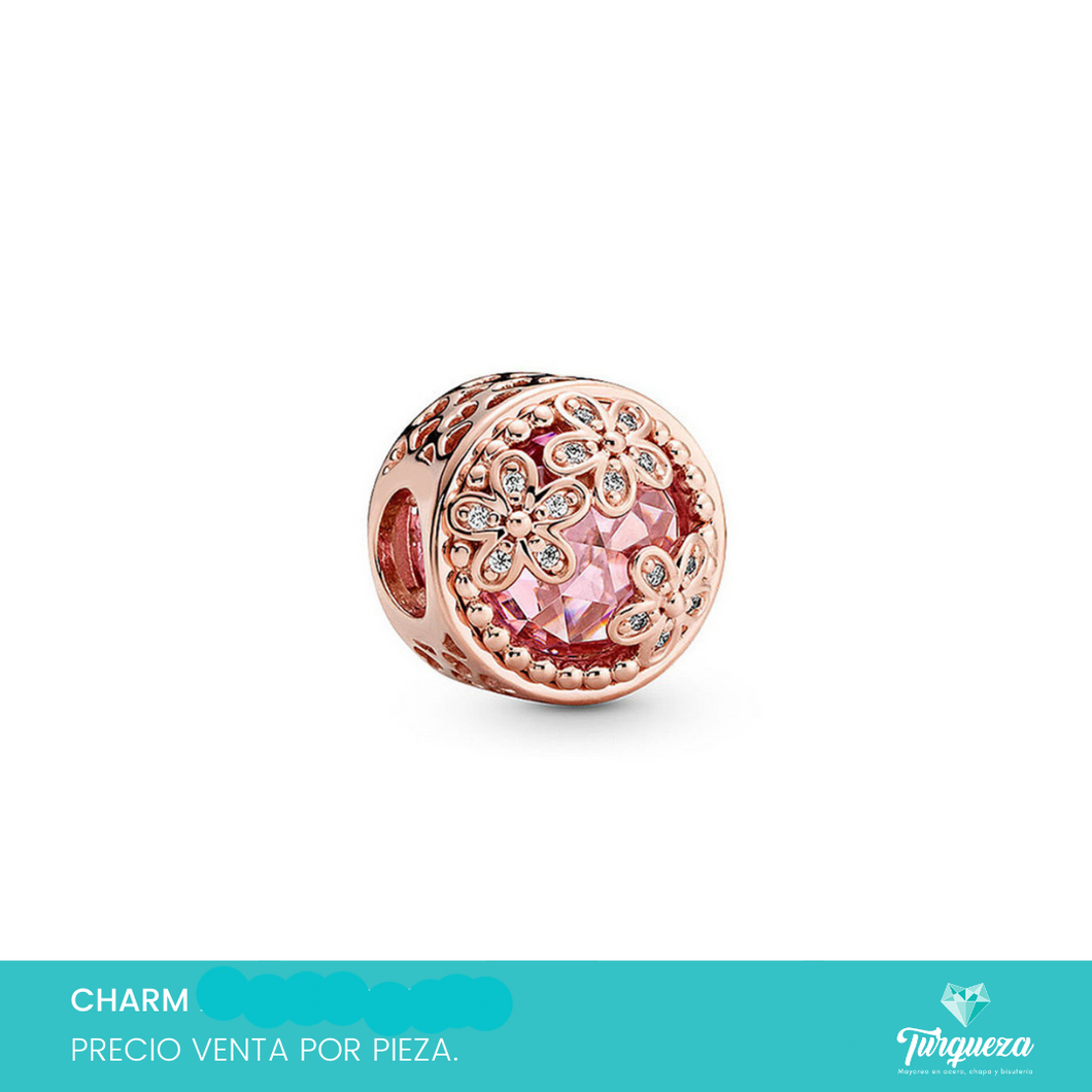 Dije Charm Flores y Zirconia Rosa Tipo Pand Oro Rosa