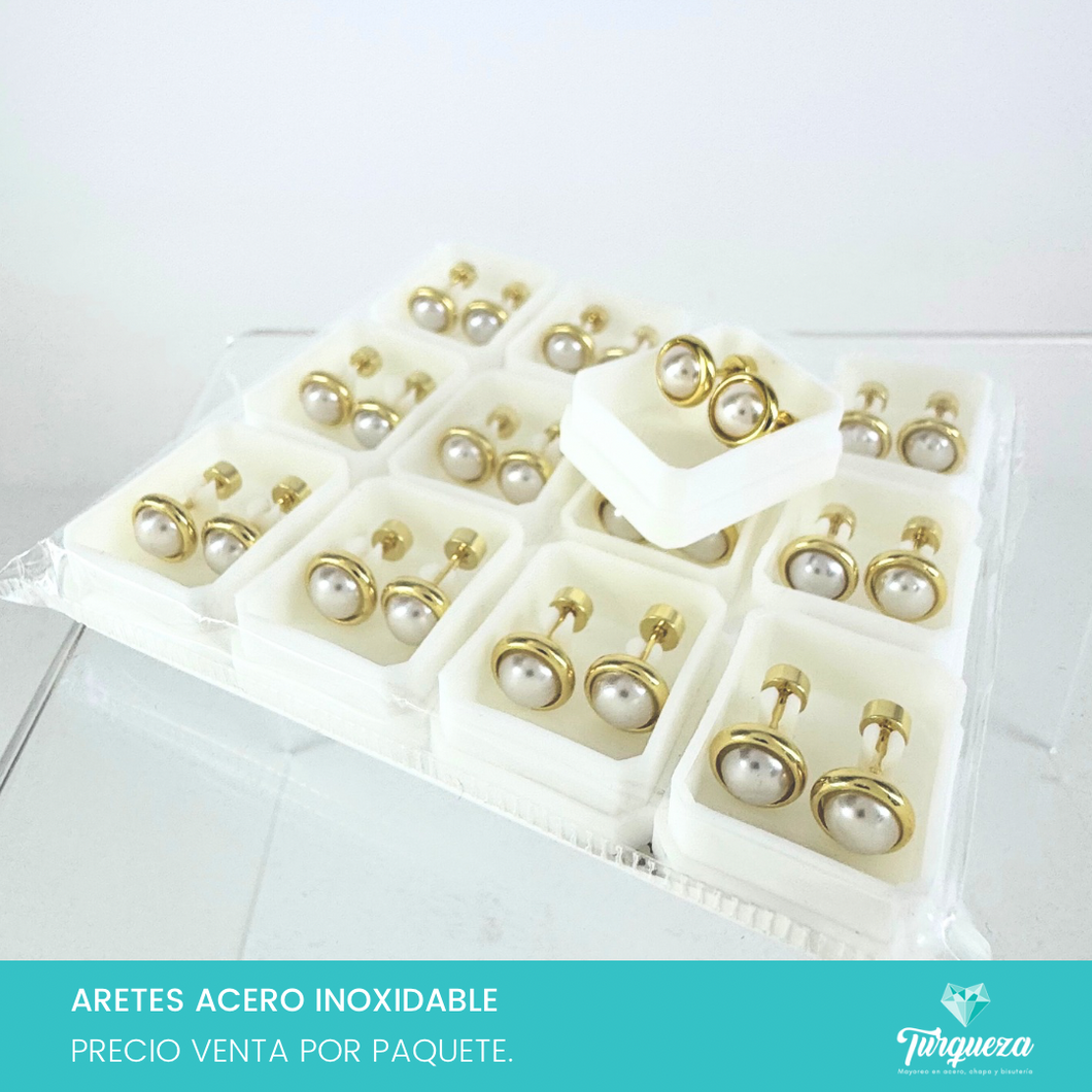 Arete Broquel Perla Paquete Dorado Acero Inoxidable