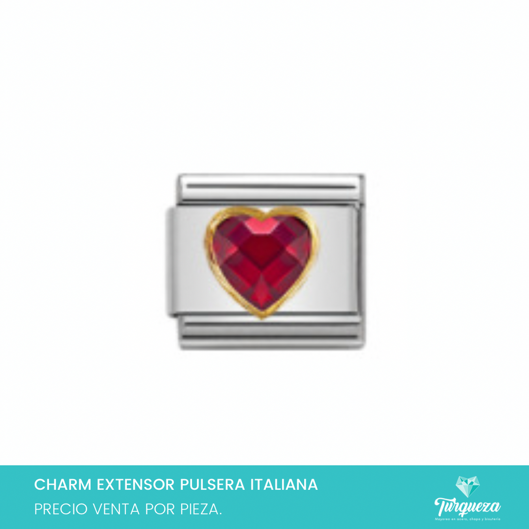 Dije Charm Corazon Zirconia Roja para Pulsera Tipo Italiana Acero Inoxidable
