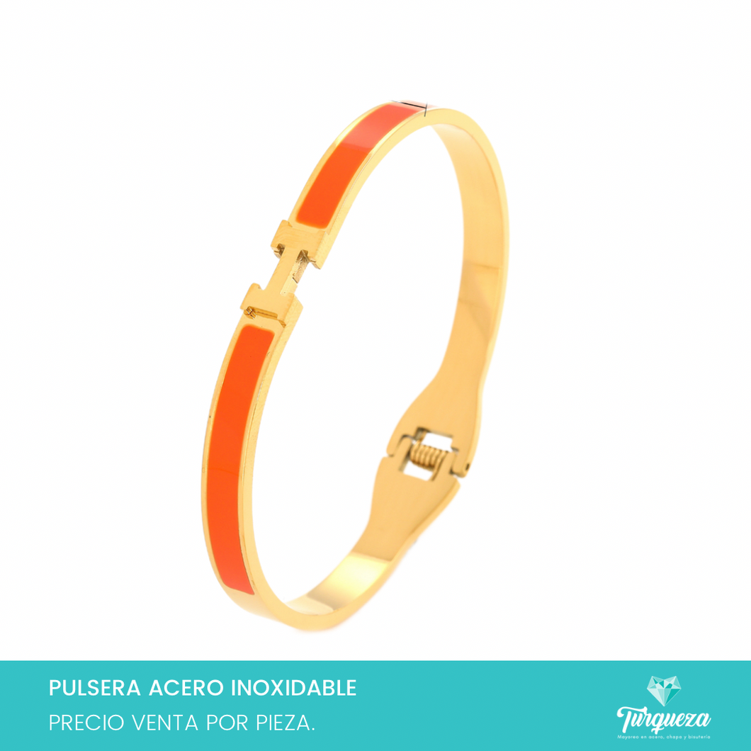 Brazalete H Esmalte Naranja Dorado Acero Inoxidable