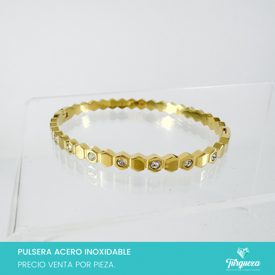 Brazalete Panal Zirconias Dorada Acero Inoxidable