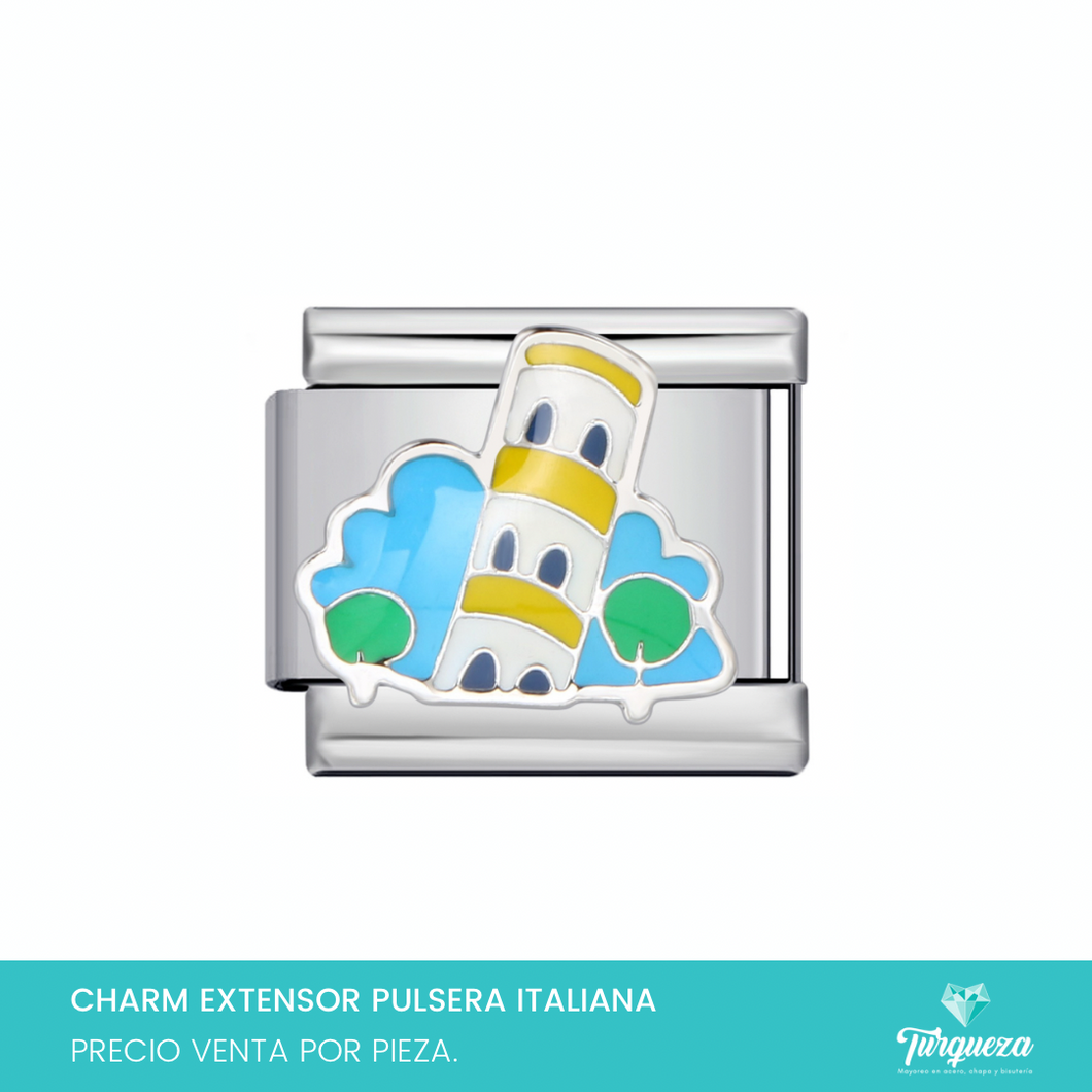 Dije Charm Torre Pizza para Pulsera Tipo Italiana Plateado Acero Inoxidable