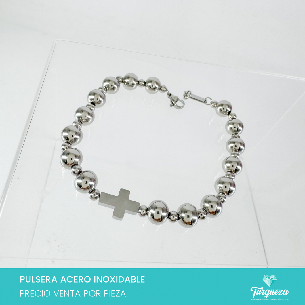 Pulsera Balin Cruz Plateado Acero Inoxidable