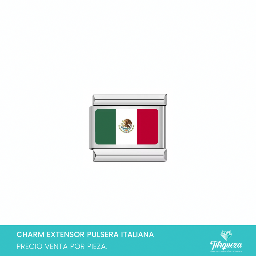 Dije Charm Bandera México para Pulsera Tipo Italiana Plateado Acero Inoxidable